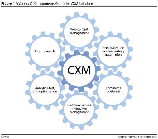 CMS개요 이미지 : CXM에는 On-site search, Web content management, Personalization and marketing automation, Commerce platforms, Customer service interaction management, Analytics/test and optimization이 있음