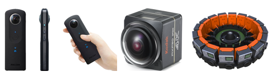 [(그림) 일반인도 쉽게 VR 이미지와 동영상을 만들 수 있는 Ricoh 사의 Theta S와 Kodak 사의 PixPro 4K. 그리고 하이엔드의 GoPro 360]
