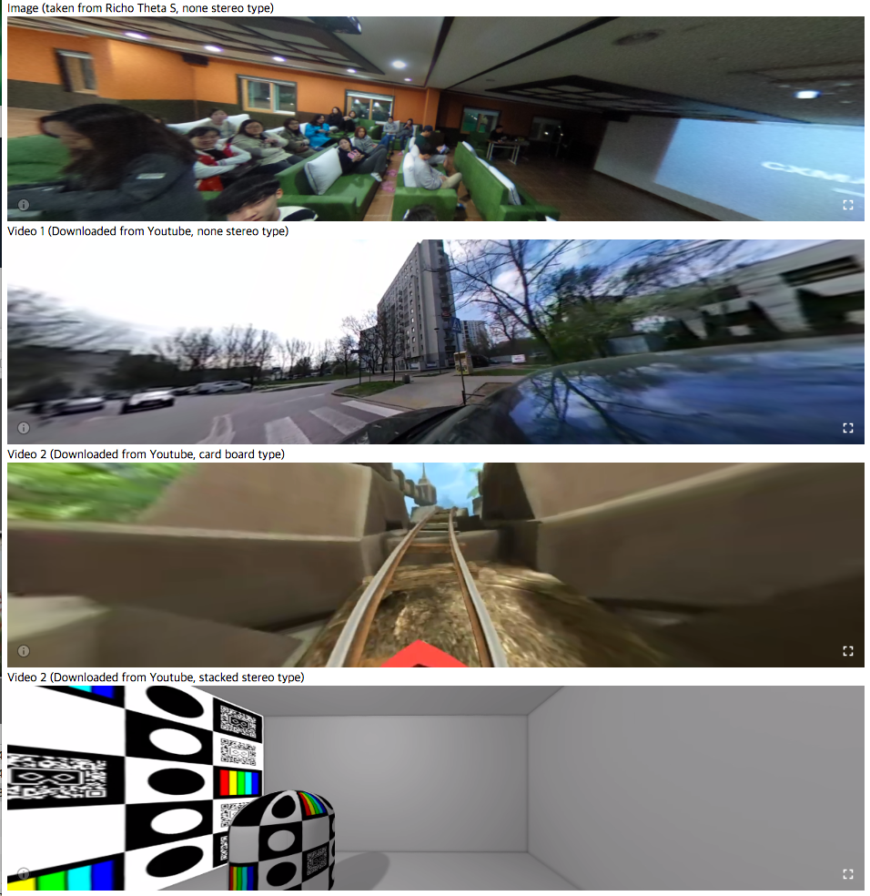 [(그림) 당사 김재혁 책임연구원이 본 Google VR SDK를 통해서 여러 가지 종류의 VR 이미지와 동영상을 적용한 프로토타입]