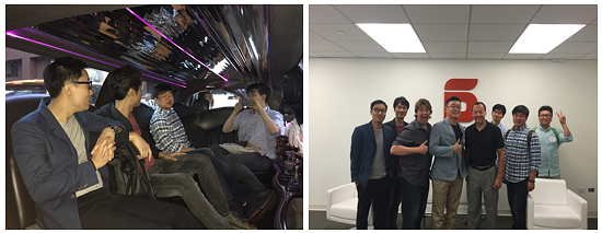 (왼쪽부터)6D Global Technologies와 미팅을 진행하기 위해 탑승한 리무진, 6D 미팅 담당자들과의 단체사진